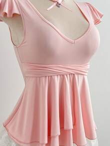 Elamini Pink Sweetheart Neck Ruffle Trim Casual Fashion T-Shirt - Pink - View 5