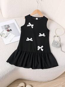 Summer New Girls Toddler Sleeveless Dress With Ruffled Hem And Bow Accent, White - Black - View 3