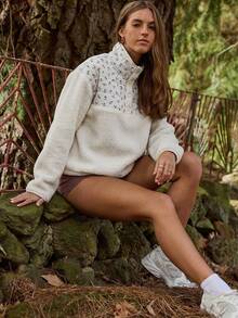 Aralina Áo nỉ lông xù mềm mại, in hoa, kiểu dáng thường ngày, cổ cài nửa thân, có dây rút bên trong, thích hợp cho tập gym, tập luyện hoặc đi sân bay. - Màu be - Xem 9