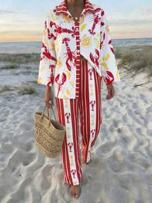 EMERY ROSE 印花翻领长袖宽松上衣搭配同款松紧腰阔腿裤两件套女装 - 彩色 - 查看 1