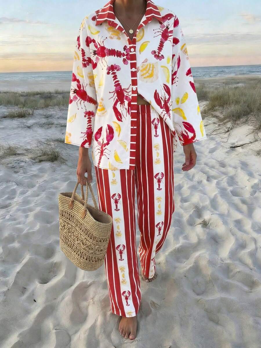 EMERY ROSE 印花翻领长袖宽松上衣搭配同款松紧腰阔腿裤两件套女装 - 彩色 - 查看 1