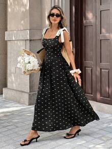 Chiquease French Vintage Bow Print Tie-Shoulder Dress,Women's Elegant Square Neck Slim Fit Maxi Dress For Summer,Black N White Tea Party Sundress - Black - View 6