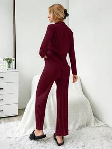 EURMUSE 2pcs/Set Contrast Color Stitching Slogan Print Ribbed Pajama Set - Burgundy - View 2
