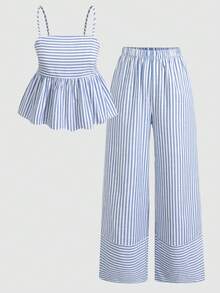 Girlism Teen Girls Tank Top Co-Ords Vacation Casual Woven Blue Striped Cami Top & Wide Leg Pants Set - Blue and White - View 3