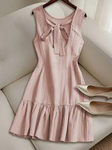 EMERY ROSE Women's Summer Woven Backless Tie Strap Sleeveless A-Line Ruffle Hem Casual Mini Dress - Pink - View 2