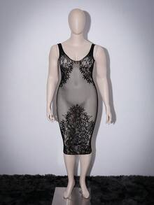 Plus Size Fishnet Backless Criss-Cross Long Sexy Lingerie - Black - View 6