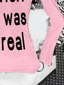 Glimmora 女士休闲日常通勤时尚街头标语印花长袖T恤，春秋季 - 淺粉色 - 查看 3