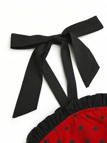 Sweetra Đầm hai dây họa tiết chấm bi cỡ lớn, dây chéo, ngọt ngào và dễ thương. - màu đen - Xem 4