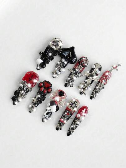 10pcs Dark Punk Style Halloween Handmade Press-On Nails + 3 Sheets Double-Sided Adhesive, Y2K Gothic Manicure Set, Removable, Rhinestone Decorated With Faux Pearl Chain, Suitable For Festivals, Parties, Dancing And Daily Wear