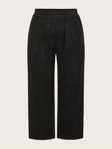 SHEIN EZwear 春季休闲简约亮片印花黑色大码女式宽松长裤，Y2K风格，音乐节 - 黑色 - 查看 3