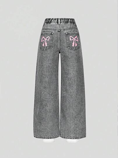 SHEIN ChillGRL Tween Girls Casual Fashion Light Blue Denim Bow Jeans Color Butterfly Print Loose Wide Leg Relaxed Fit Comfortable Daily Versatile Washed Denim Pants Jeans With Bows Girls Wide Leg Jeans