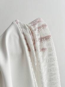 Elamini White Ribbon Lace Trim Jacquard Knit Long Sleeve T-Shirt For Women - White - View 6