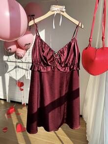 Comfortcana Plus Size Casual Ruffled A-Line Strap Dress, Red, Valentine's Day - Burgundy - View 3