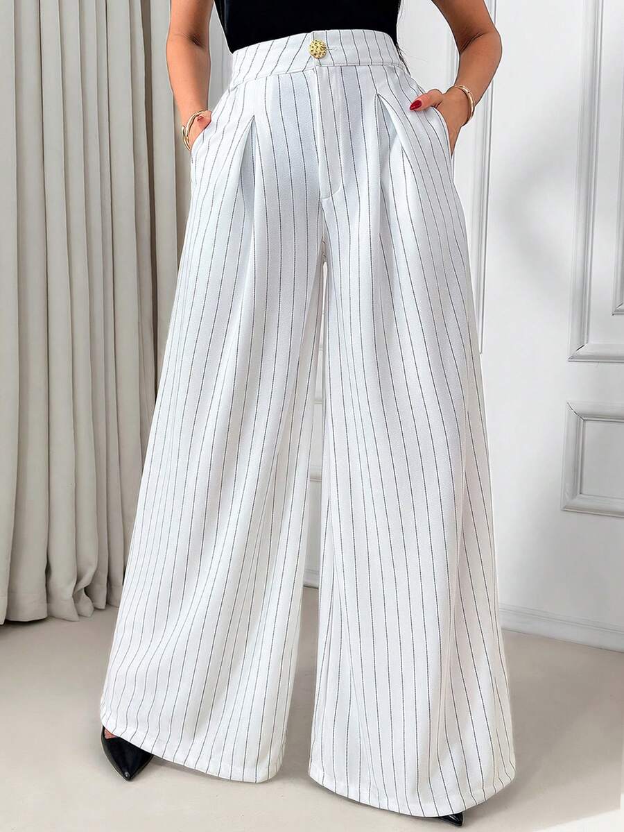EURMUSE 女士休闲通勤条纹斜插口袋褶裥阔腿裤 - 白色 - 查看 1