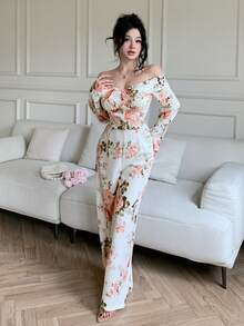 Celisse Floral Print Off Shoulder Fitted Elegant Long Sleeve Jumpsuit - Multicolor - View 6