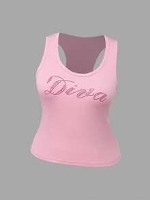Rina Fox Áo tank top ngắn tay đính đá và chữ cái dành cho nữ cỡ lớn, áo ba lỗ mùa hè màu hồng, áo thun gân, áo crop top in tên theo yêu cầu. - Hồng - Xem 3