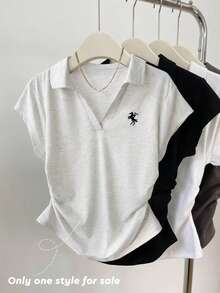 GlowEve Minimalist Gray Polo Collar Cropped Pleated Slim Fit Casual Women T-Shirt - Grey - View 1