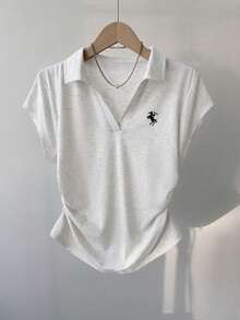 GlowEve Minimalist Gray Polo Collar Cropped Pleated Slim Fit Casual Women T-Shirt - Grey - View 5