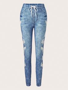 SHEIN LUNE Women Fashionable And Versatile Skinny Jeans With Elastic Waistband And Denim Effect Print Fall Cloth For Women - Blue - View 6