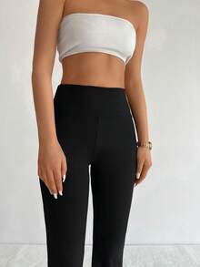 SHEIN Cottnline Plus Size Flare Leg Solid Color Pant Flared Leggings, Tall Women - Black - View 5