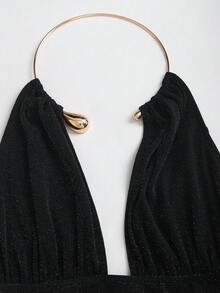 Sweetra Women's Sexy Low-Cut Backless Pleated Metallic Fabric Choker Neck Sleeveless Top, Fashionable Party & Versatile, Spring/Summer - Black - View 4