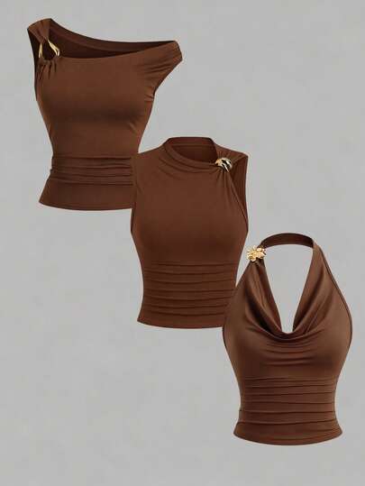 GlowEve Conjunto de top de tirantes de verano para mujer, top corto con decoración metálica