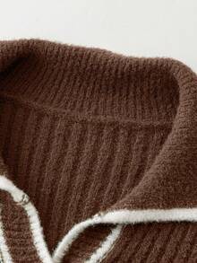 Pariaura Women's Elegant Ribbed Trim Half-Button Ruffle Sleeve Fitted Sweater Dress, Autumn/Winter - Coffee Brown - View 6