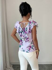 Rafferiza Shirts Spring/Summer New Arrival: Women's Purple Base With Purple And Pink Floral Print Top, Featuring A V-Neck, Multi-Layered Ruffle Sleeves, And A Sleeveless Design. - Purple - View 3
