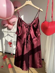 Comfortcana Plus Size Casual Ruffled A-Line Strap Dress, Red, Valentine's Day - Burgundy - View 2
