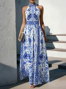 Balvessa Printed Halter Neck Flared Waist Dress, Fashionable & Elegant For Women - Multicolor - View 3