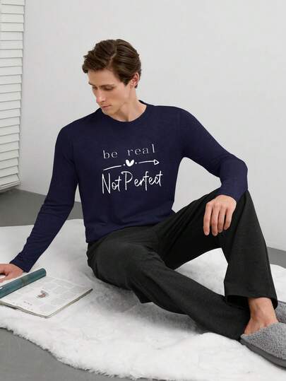 EURMUSE Herrpyjamasset med långärmad t-shirt och enfärgade byxor, enkelt och bekvämt