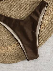 Swim Chiccia 女士棕色亮面面料配饰，优雅时尚高衩裤挂脖比基尼套装，适合海滩、春夏音乐节等场合。 - 棕色 - 查看 6