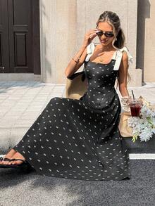 Chiquease French Vintage Bow Print Tie-Shoulder Dress,Women's Elegant Square Neck Slim Fit Maxi Dress For Summer,Black N White Tea Party Sundress - Black - View 4