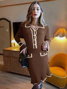 Pariaura Women's Elegant Ribbed Trim Half-Button Ruffle Sleeve Fitted Sweater Dress, Autumn/Winter - Coffee Brown - View 5