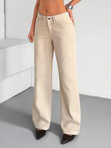 EURMUSE Quần jeans nữ ống đứng cạp thấp tối giản màu trơn, kiểu dáng thường ngày. - Màu be - Xem 6