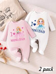 2pcs Newborn Baby Pajamas Set, Dreamlike Series Print Knitted Envelope Collar Long Sleeve Footie Romper, All Season - Multicolor - View 3