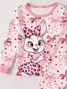 1 Set Young Girls Cute Rabbit & Bow Heart Print Knit Tight Fit Long Sleeve Top And Pants Pajama Set, Spring/Autumn - Pink - View 3