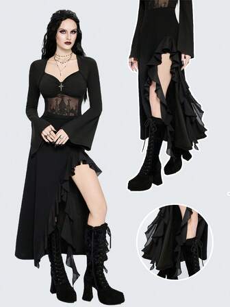 Breakform Falda larga de línea A con cintura elástica, estilo gótico sexy, con parches, volantes y flecos de gasa en capas