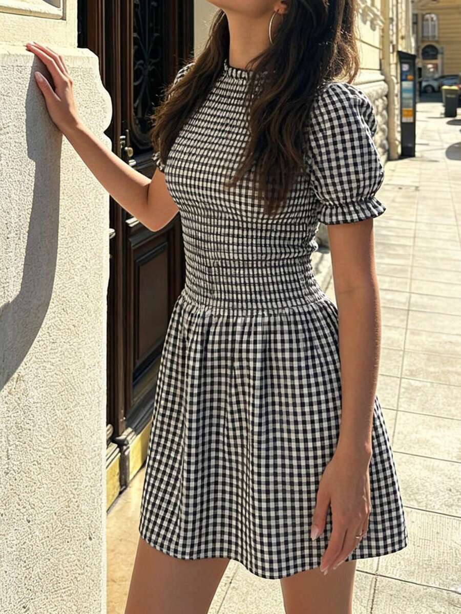 Pariaura Summer Casual Plaid Puff Sleeve Waist Tie Dress - Black and White - View 1