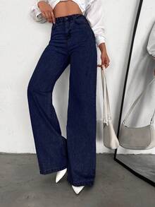 EURMUSE Women's Jeans SHEIN PETITE HIGH WAIST WIDE LEG DENIM JEANS Cowgirl Outfit 2000s Style - Dark Wash - View 3