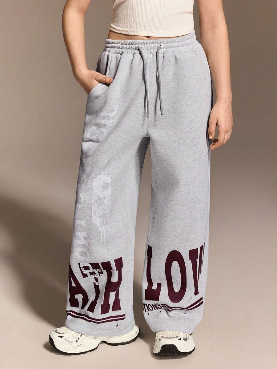 Tween Girls Printed Wide Leg Jogger Pants, Cool Girl, Streetwear, Everyday, All Season, Spring/Summer, Collegiate Style, 1997 Christmas Edition - Light Grey - View 1