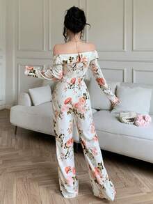 Celisse Floral Print Off Shoulder Fitted Elegant Long Sleeve Jumpsuit - Multicolor - View 2