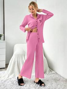 EURMUSE 2pcs Set Open Front Contrast Stitching Slogan Print Ribbed Pajamas - Pink - View 4