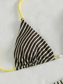 Swim Vcay Women's Beach Spring/Summer Music Festival Striped Print Beaded Cute Halter Knot Back Bikini Set