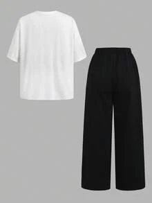 SHEIN Bộ 2 món dành cho nữ tuổi teen, gồm áo thun dệt kim cổ tròn tay raglan xếp ly và quần short, trang phục nhẹ nhàng thoải mái cho mặc hàng ngày, đi học, nghỉ lễ, dã ngoại mùa xuân. - Đen và trắng - Xem 2