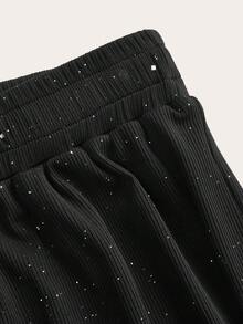 SHEIN EZwear 春季休闲简约亮片印花黑色大码女式宽松长裤，Y2K风格，音乐节 - 黑色 - 查看 5