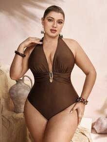 Swim Oasis Plus Size Women's 2-Piece Deep V Vintage Brown Halter Swimsuit With Palm Leaf Cover Up, Slimming Vacation Set - Coffee Brown - View 7