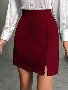 SHEIN Cottnline Women's Solid Color Split Design Fashionable Versatile Date Night/Outing Mini Skirt - Burgundy - View 4