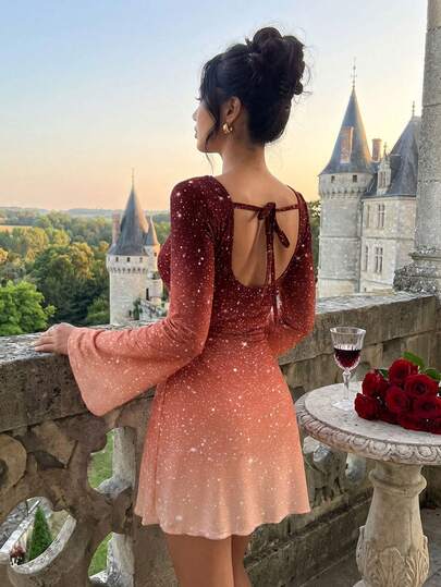 Aloruh 优雅蝴蝶结露背性感酒红色渐变闪光面料修身迷你连衣裙 - 适合婚礼宾客、新年、情人节、约会、夜店等场合的女士红色连衣裙