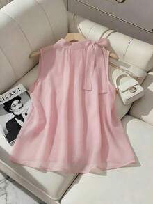 GlowEve New Spring/Summer Fashion Side Tie Strap Button Sleeveless Vest Top, French Elegant Versatile Women Blouse - Pink - View 2